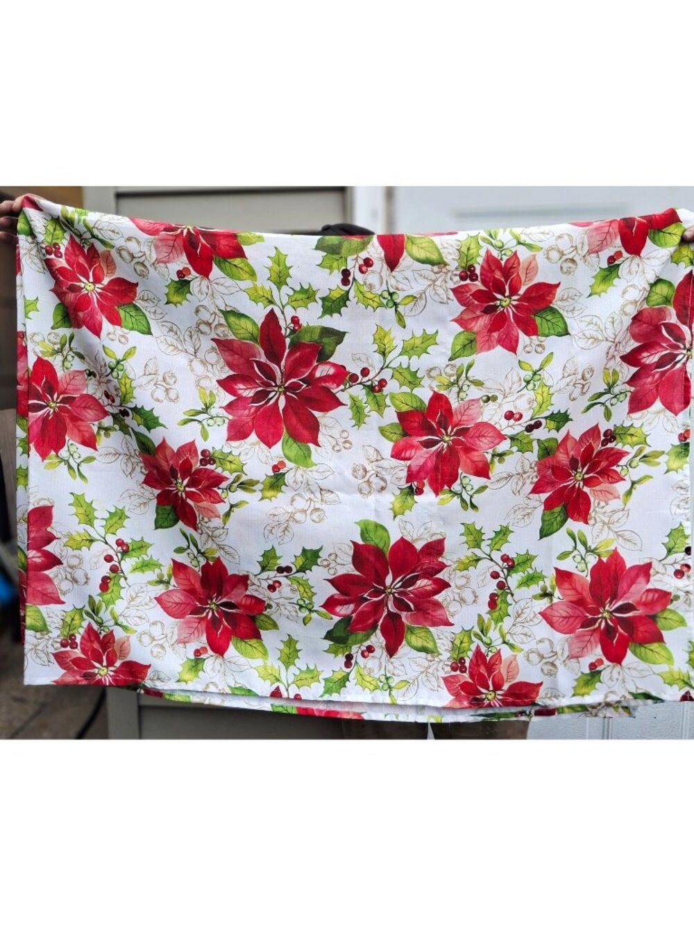 Christmas Poinsettia Tablecloth With Holly & Berry Print Festive Red Green Gold